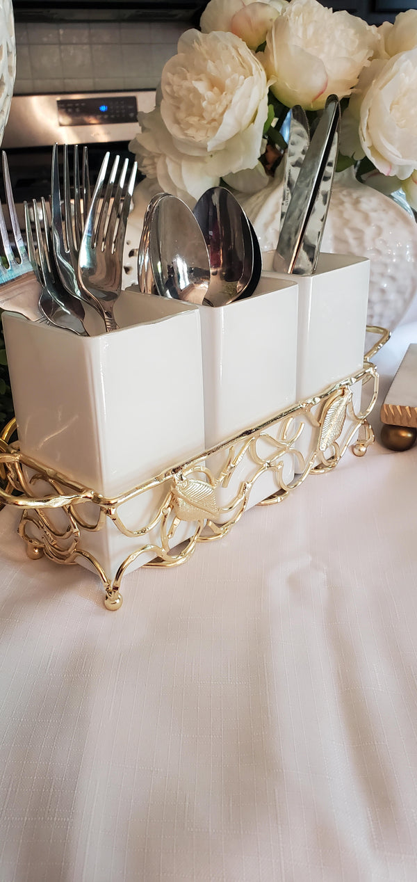 Gold Leaf Cutlery Holder with White Inserts